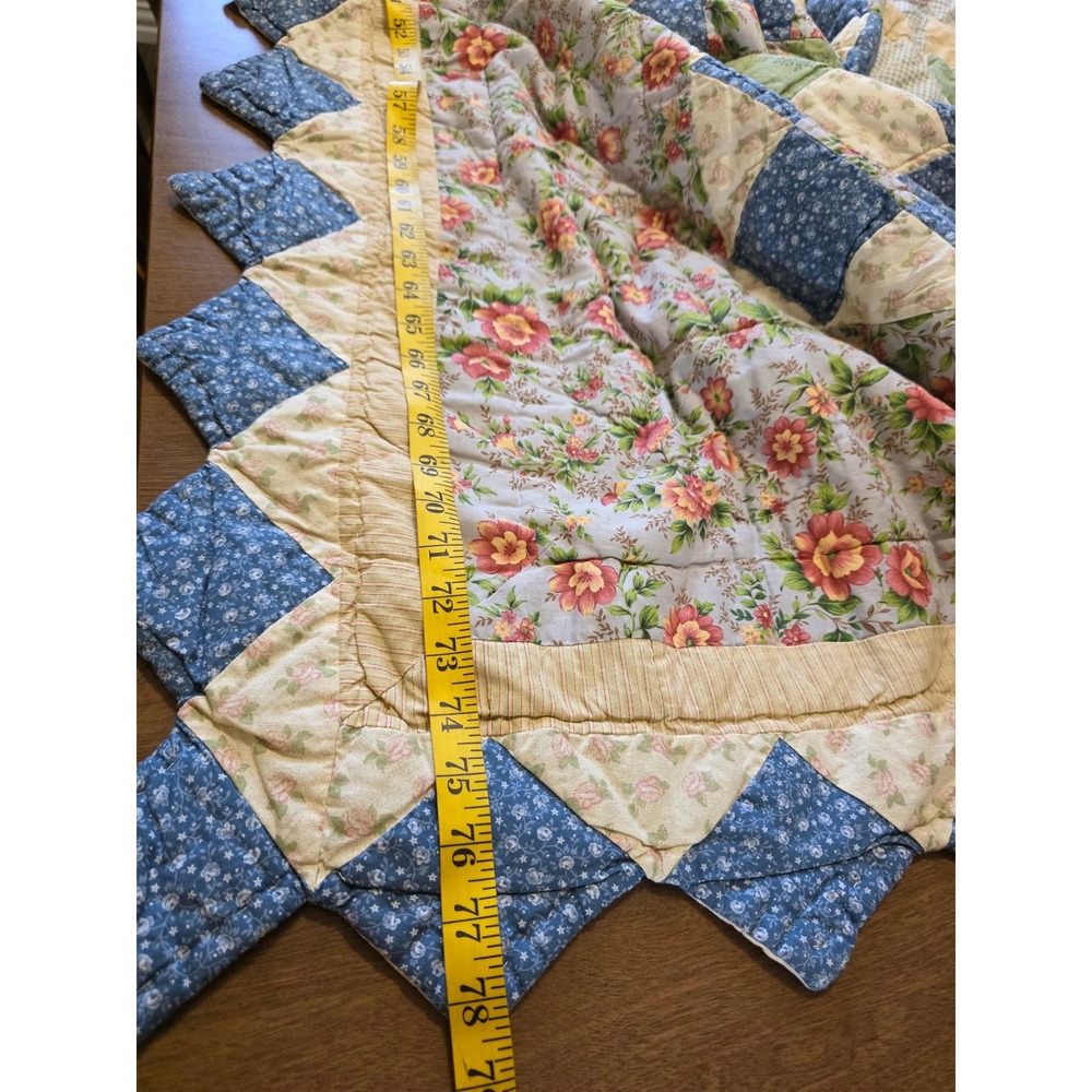 Handmade Patchwork Quilt Floral Gingham Blue Green Yellow Sawtooth Border 81x78 - Picture 9 of 10